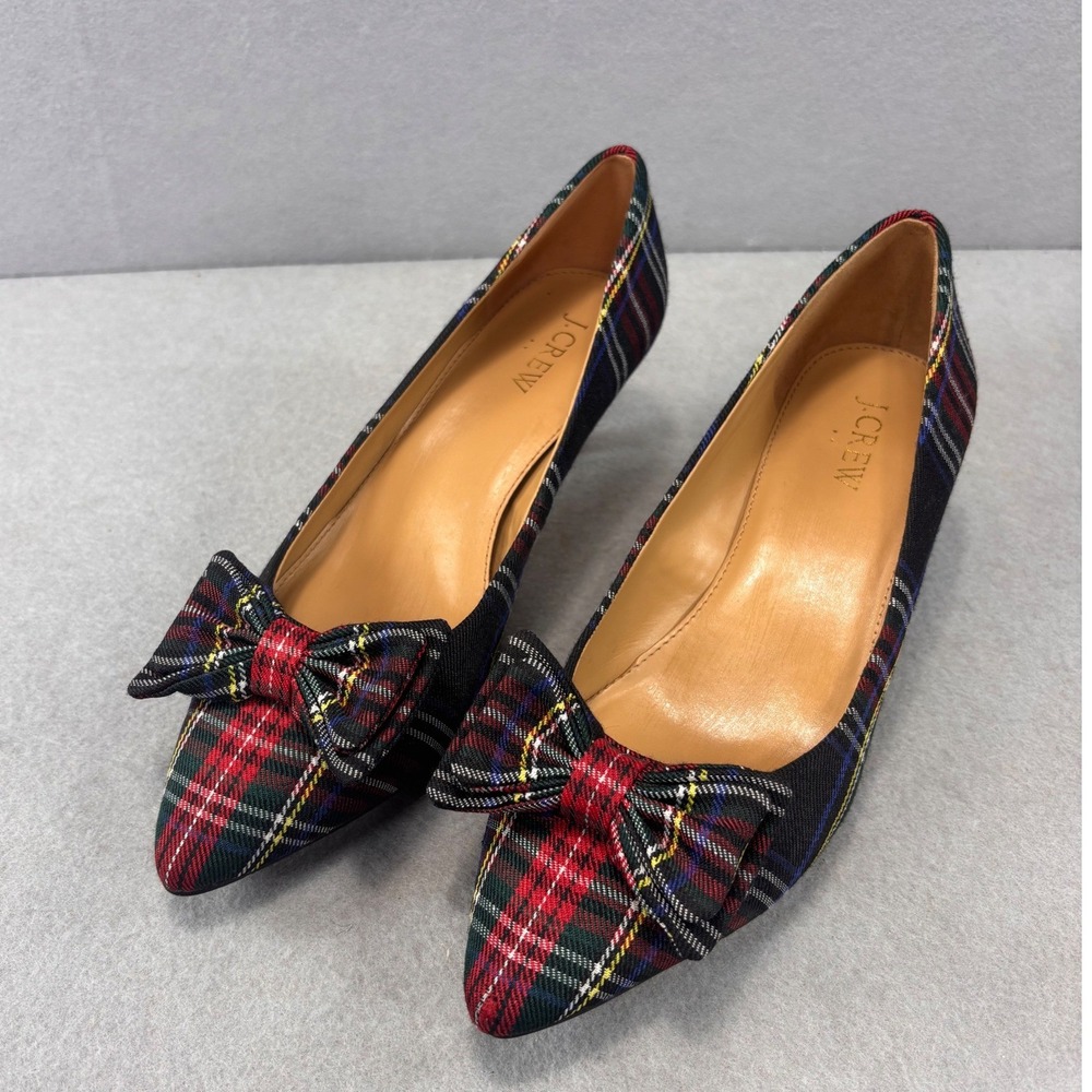 J.Crew Esme Tartan Plaid Kitten Heel Pumps W/ Bow Black & Red Sz 7.5 holiday‎
